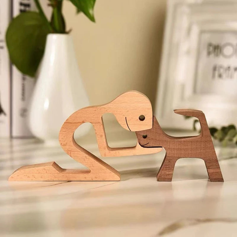 Family Puppy Wood Dog Craft Figurine Valentine's Day Gift Carving Model Home Office Decoration Christmas Gift Couple Decoration