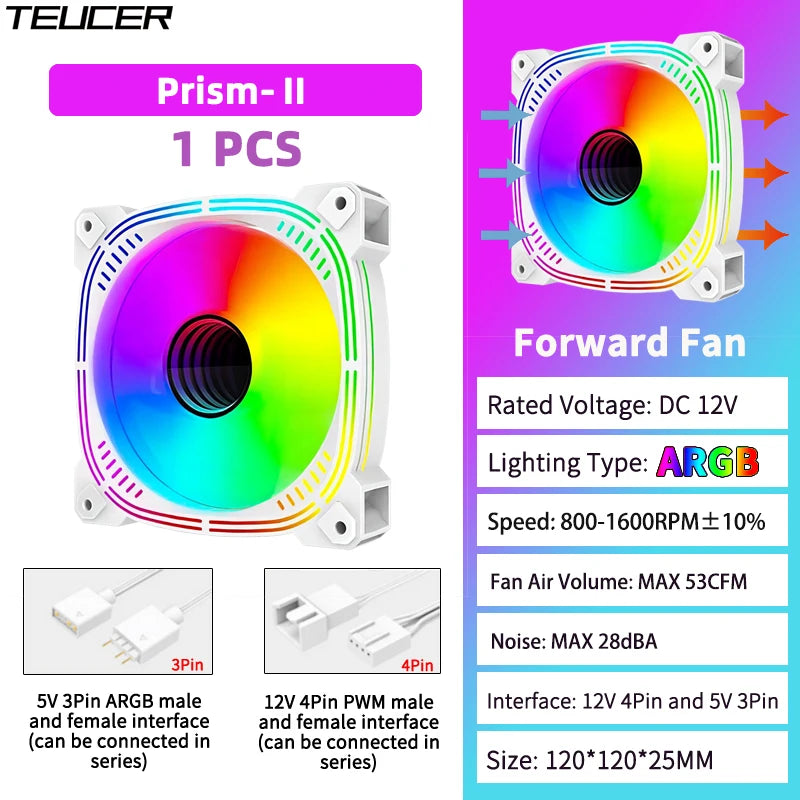 TEUCER Prism-2 1PCS/3PCS ARGB Case Fan, 120mm PWM 800-1600RPM 5V 3Pin RGB Gaming PC Cooling Fan