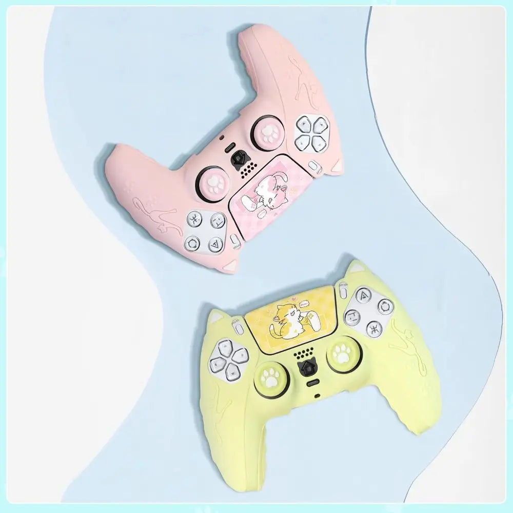 Silicone Controller Case Set with Thumb Grip Caps Cat Paw Controller Skin with Sticker Anti-slip Protective Shell Cover for PS5