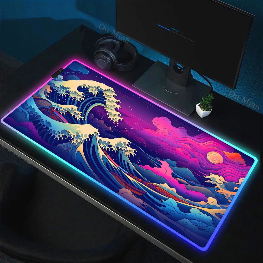 900x400mm RGB Mouse Pad The Great Wave off Kanagawa Design Waterproof Backlit Gaming Mousepad Protector with Laptop Accesso Mat