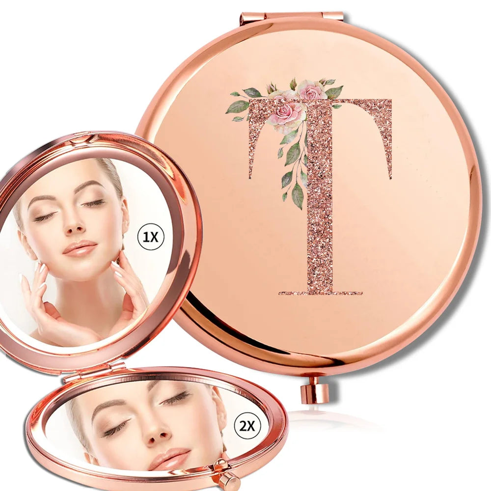 Magnifying Makeup Round Mirror Double Sided Metal Cosmetic Portable Look Glass Compact Handheld Mirror Rose Gold Letter Pattern