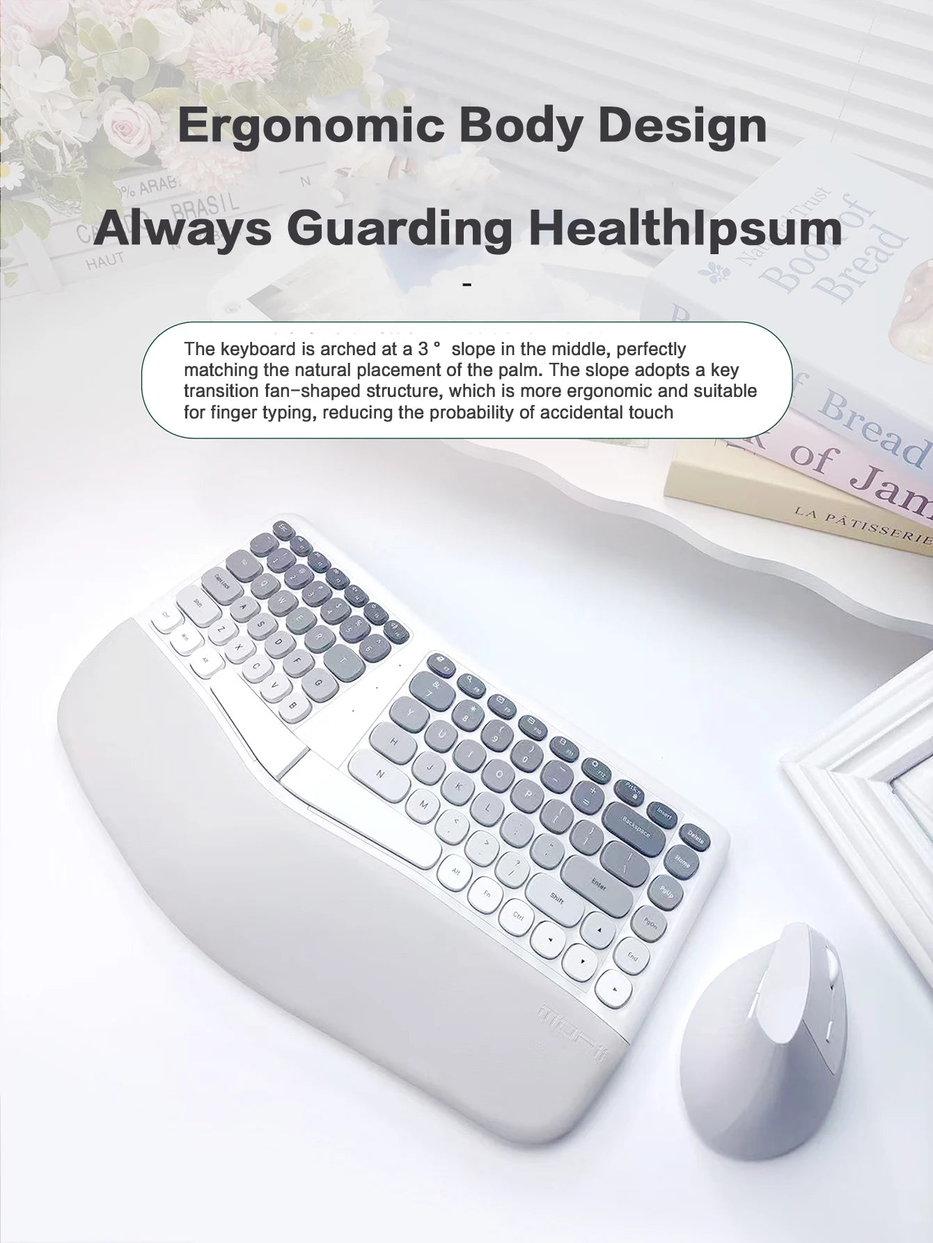MOFII Ergonomic 2.4G Wireless Split Keyboard mouse Combo with Wrist Rest 1600DPI Wireless Vertical Mouse for PC/Laptop/Desktop