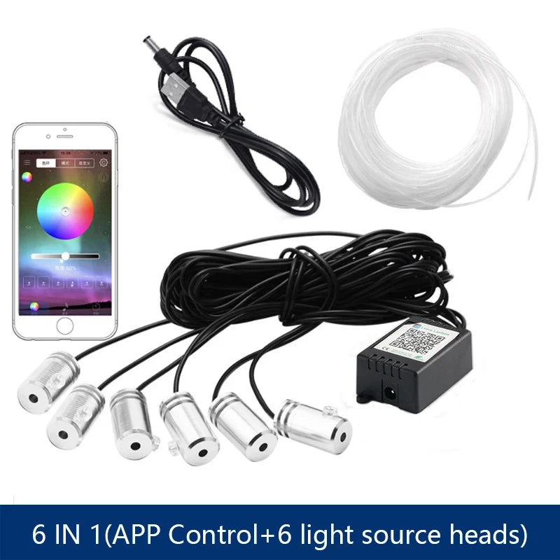 5 In 1 6 In 1  LED Car Atmosphere Light Cigarette USB 8M Interior RGB Flexible App Control Fiber Optic Strips Light with Remote