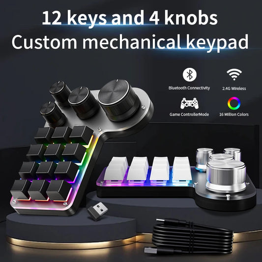 3 Modes 12 Keys Mechanical Keyboard 4 Knobs Custom Programming Macro Gaming Keyboard RGB Bluetooth 2.4G USB Wired Keypad for PS