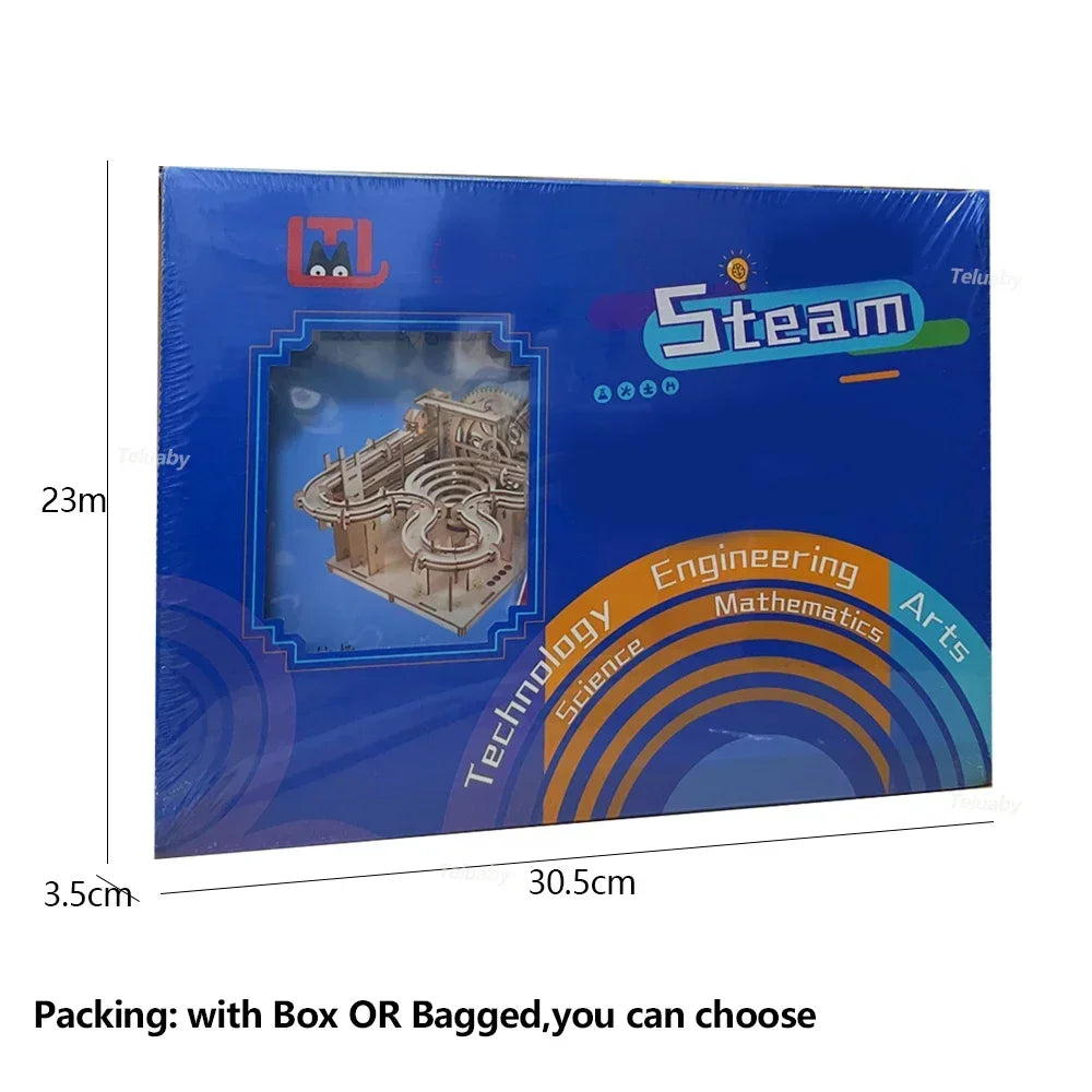 3D Wooden Puzzle DIY Building Kits Mechanical Model Marble Run Set with 4 Balls Creative STEM Toys for Adults Kids Birthday Gift
