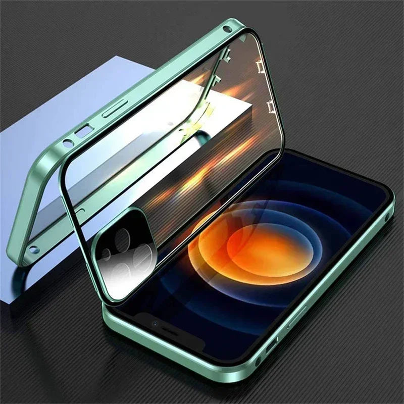 Double Sided Buckle Magnetic Glass Case For iPhone 17 16 15 14 13 12 Pro Max Air Mini Plus 360° Full Body Protection Phone Cover
