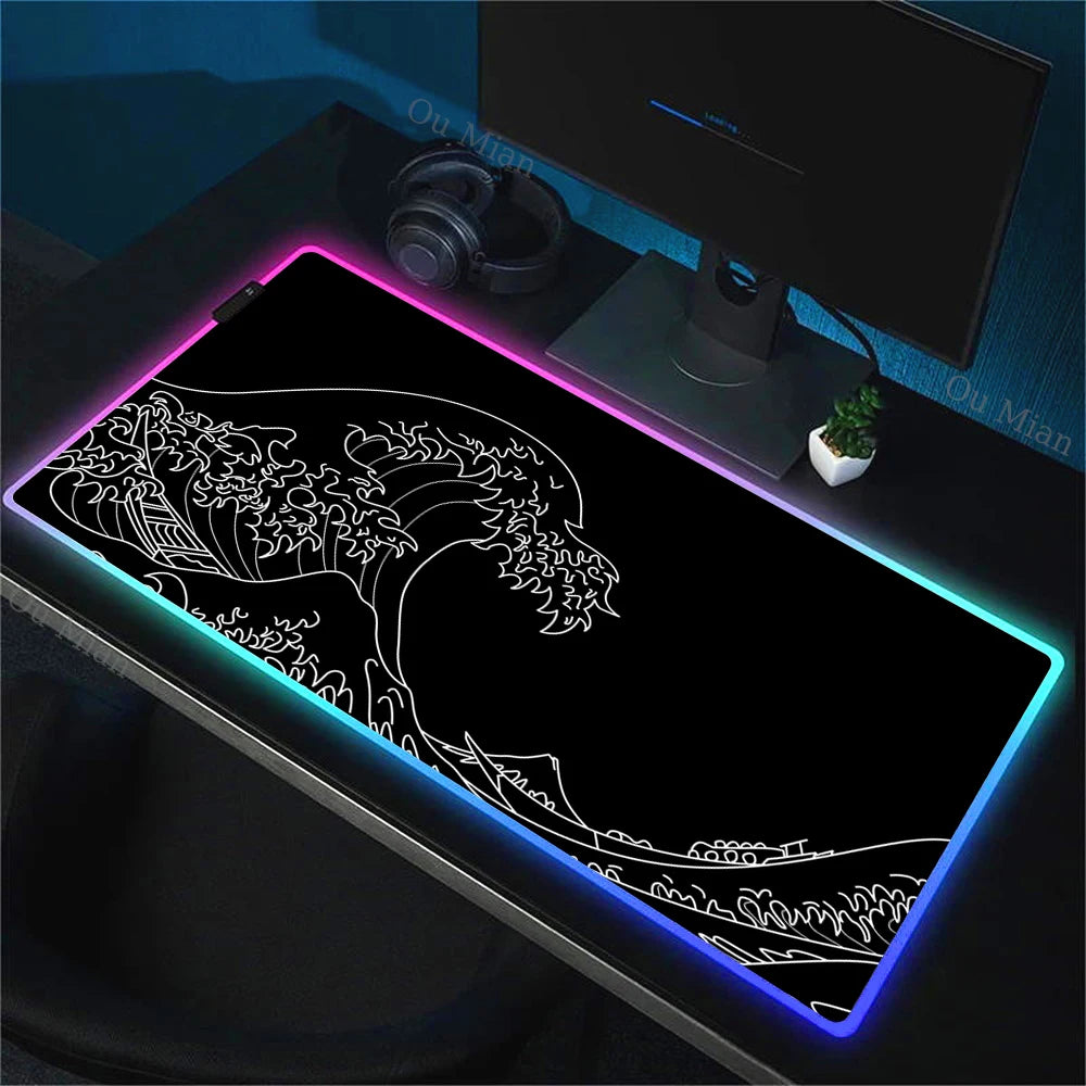 900x400mm RGB Mouse Pad The Great Wave off Kanagawa Design Waterproof Backlit Gaming Mousepad Protector with Laptop Accesso Mat