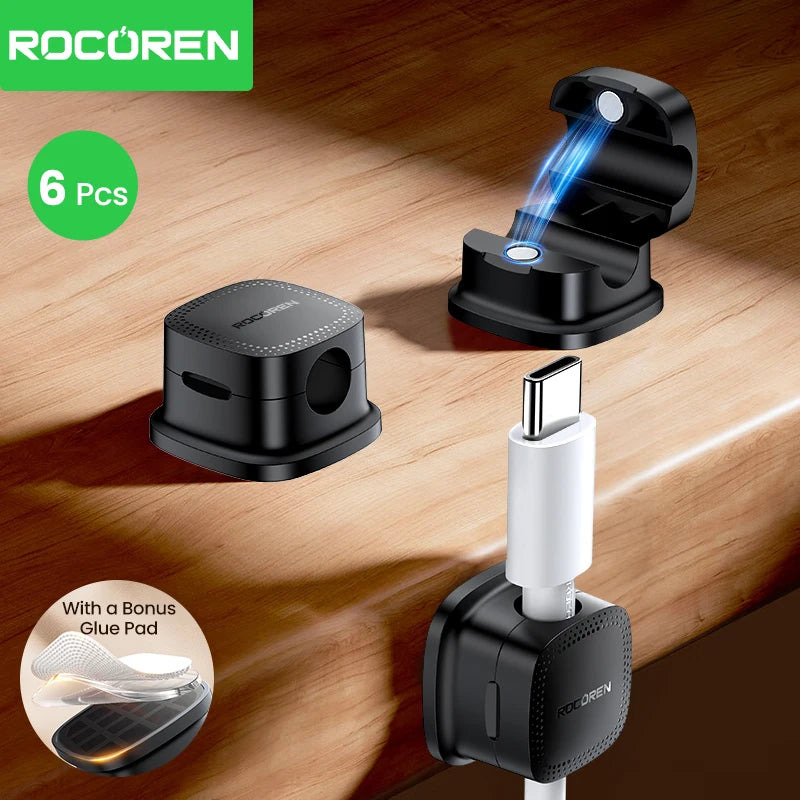 Rocoren Magnetic Cable Organizer Smooth Adjustable Cable Holder Under Desk 6PCS Stable Cable Management Wire Keeper Cable Clips