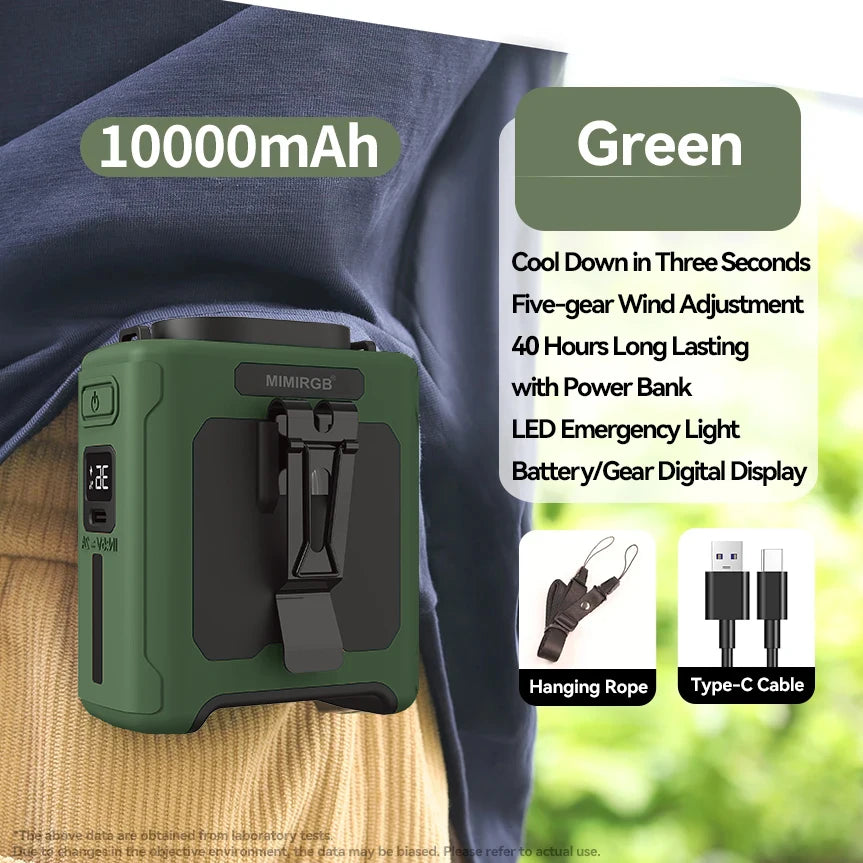 10000mAh Portable Waist Fan LED Lighting Hanging Neck Fan with Power Bank 5 Speed Strong Airflow Cooling Fan for Outdoor Working