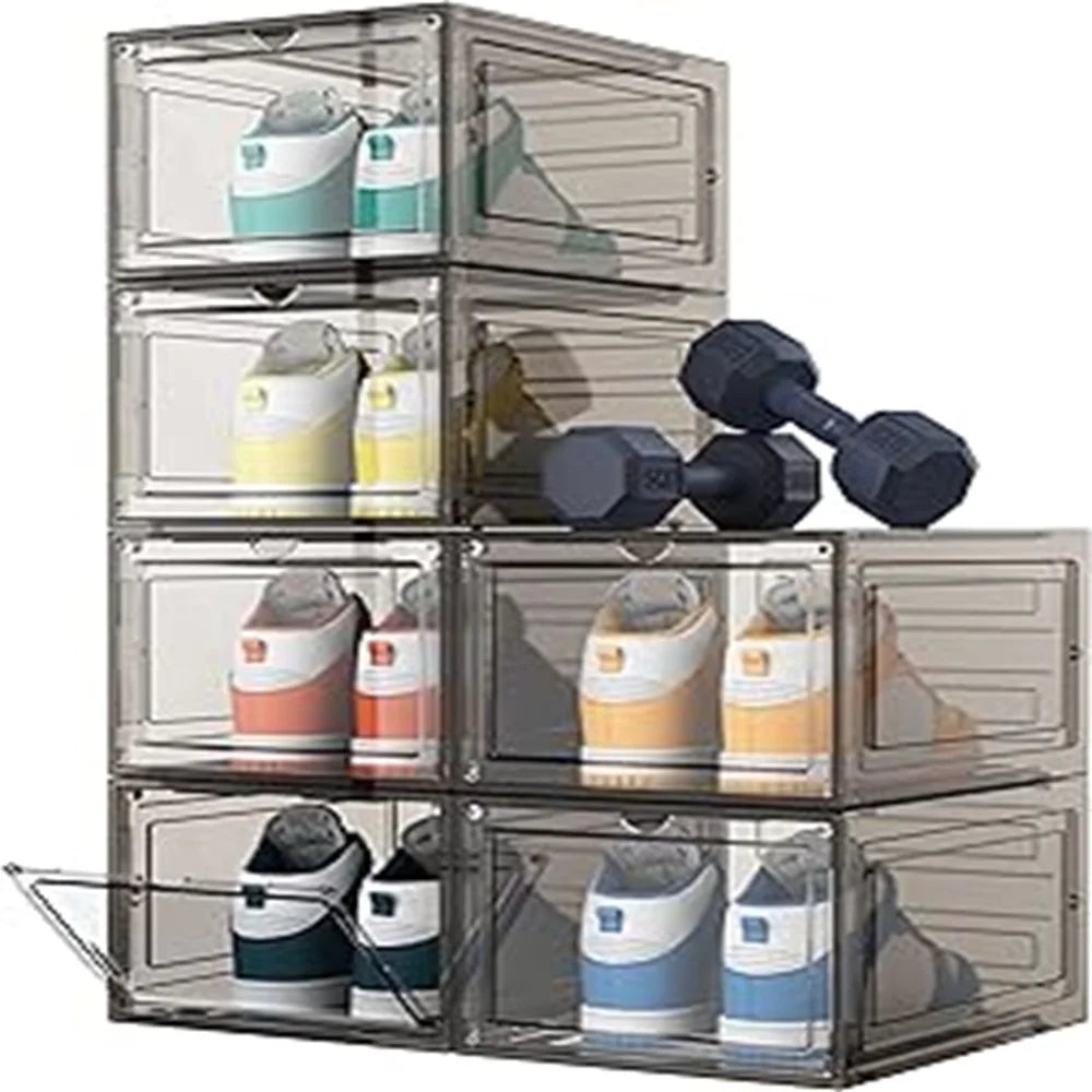 6 Pack Large Plastic Shoe Storage Boxes Stackable Magnetic Door Dustproof Organizer for Men/Women Sports Shoes up to Size 13