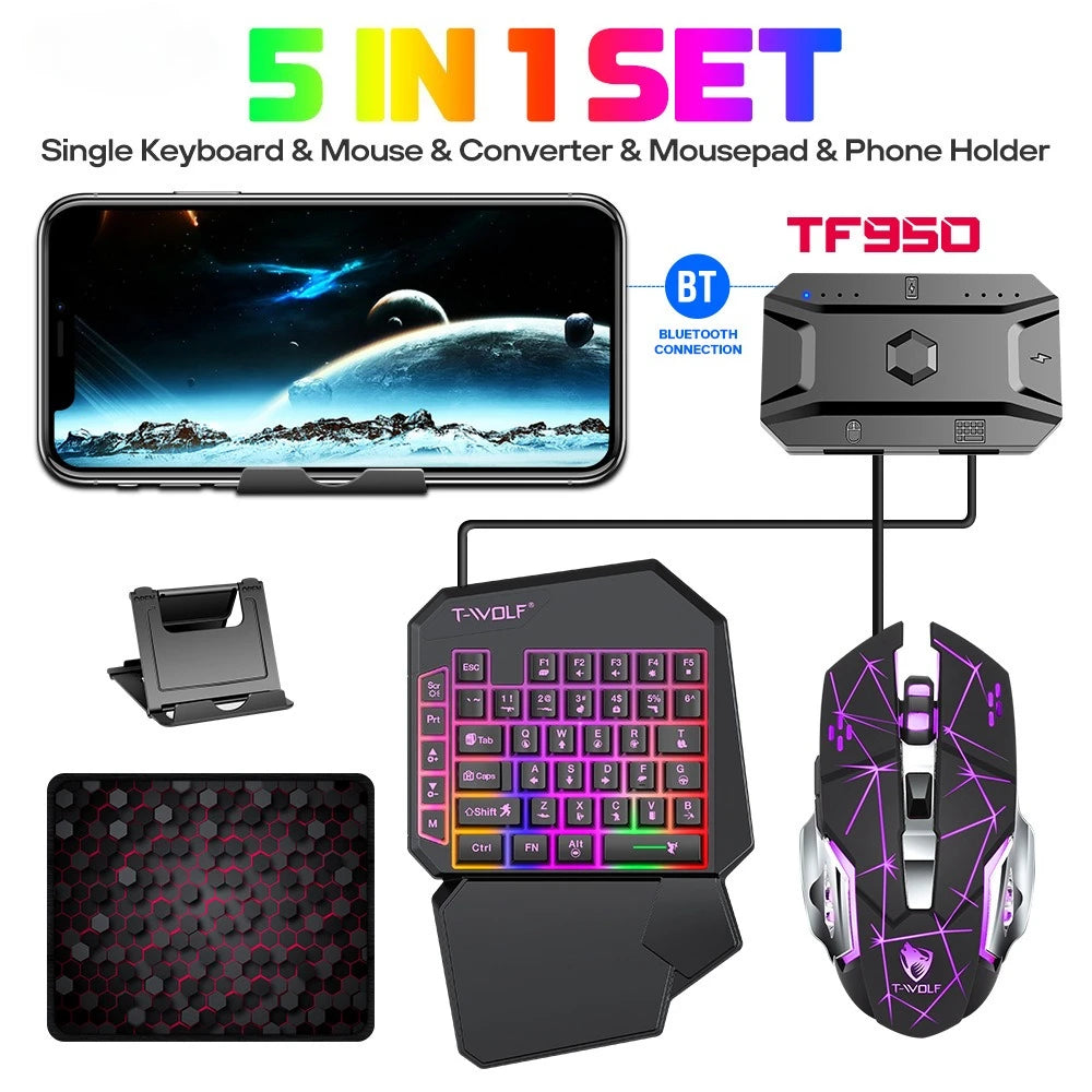 Mechanical Gaming Keyboard Kit 5 In 1 Set One Hand Keyboard 5D Mechanical Gamer Mouse Converter Mobile Game Pro Converter