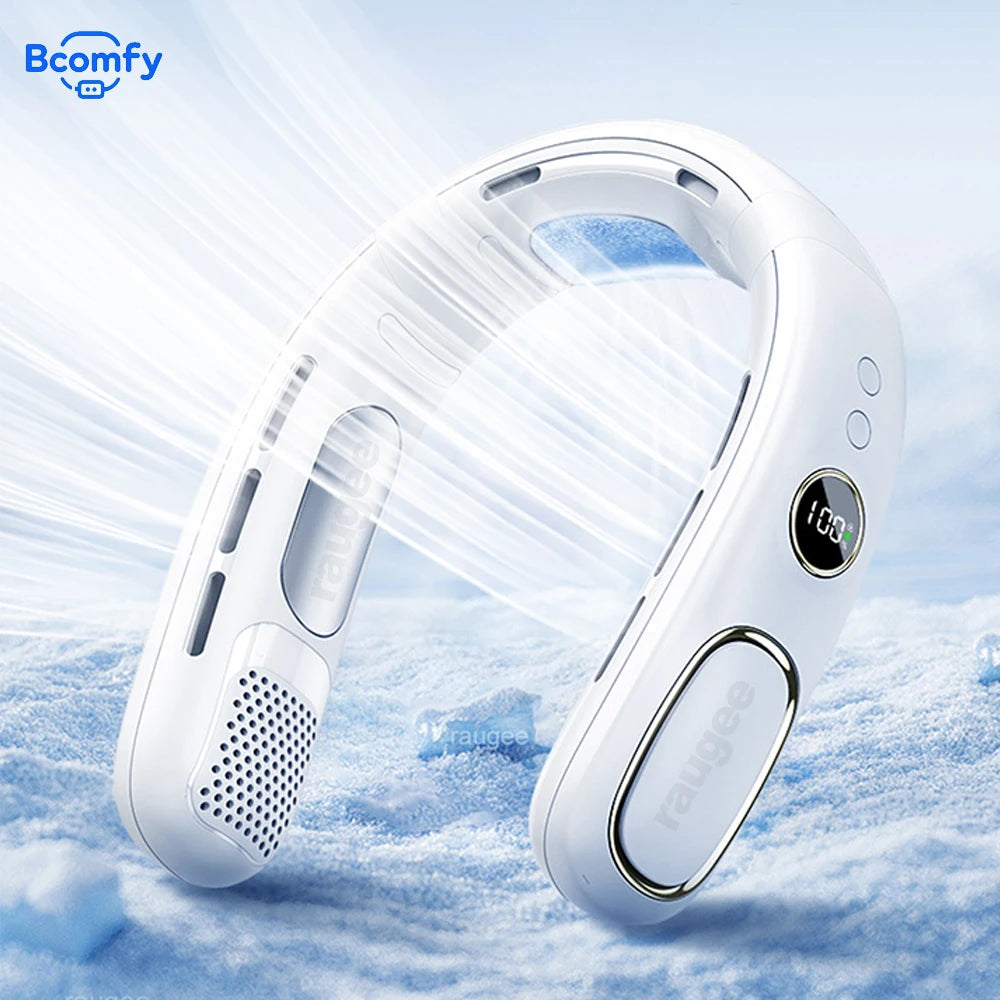 Portable Neck Fan USB Rechargeable Hanging Neck Fan Air Cooler Mini Bladeless Neckband Fan LED Digital Display Electric Fans