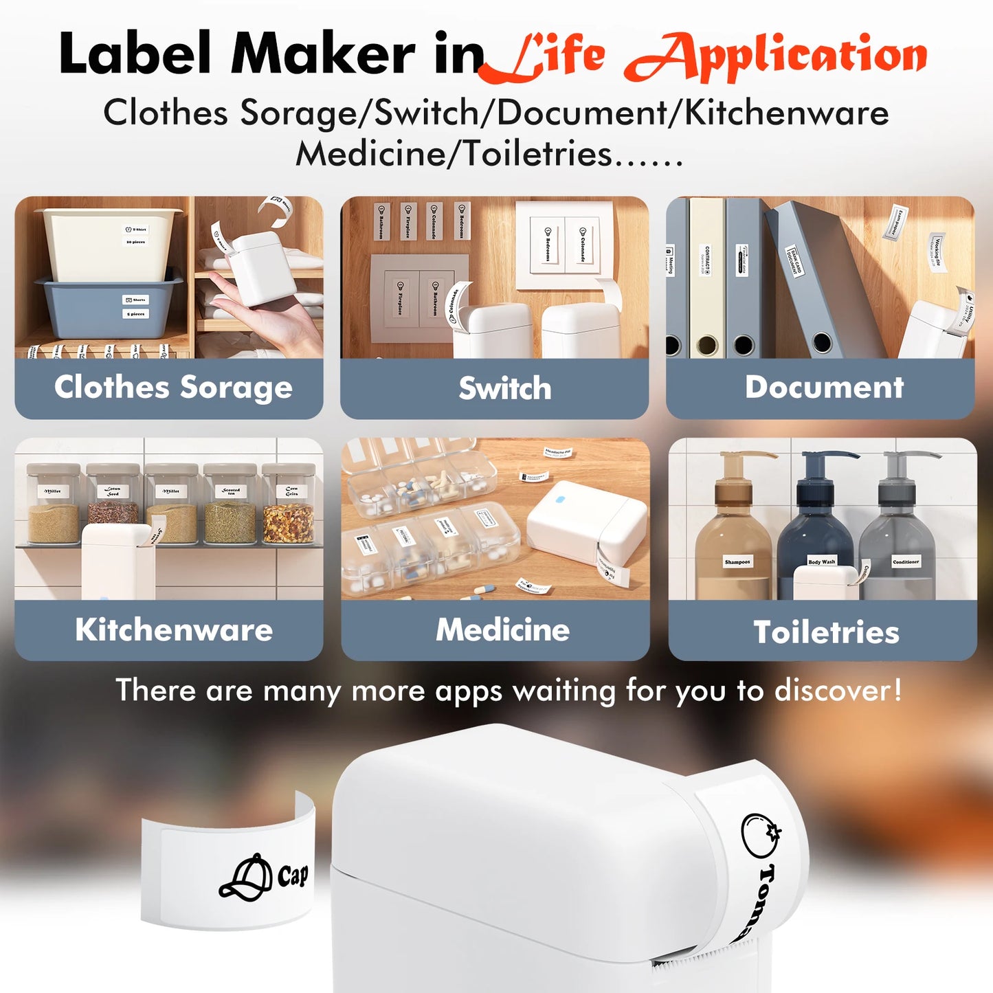 Mini Label Printer， Portable Thermal Printer ，Self-Adhesive Sticker Labeling Machine， Wireless Bluetooth，Inkless Printer