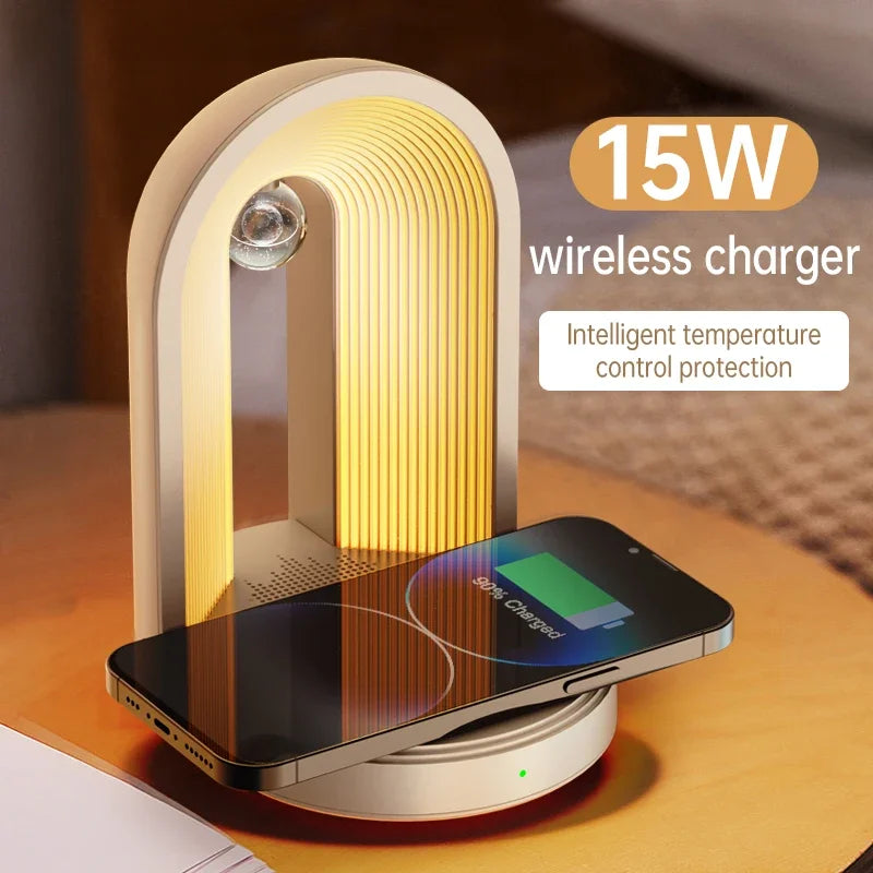 3 in 1 Charger Station with Wireless Phone Charger, LED Night Light, Bluetooth Speaker,Portable Dimmable Music Speaker Charger T