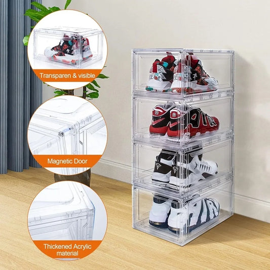 6 Pack Large Plastic Shoe Storage Boxes Stackable Magnetic Door Dustproof Organizer for Men/Women Sports Shoes up to Size 13