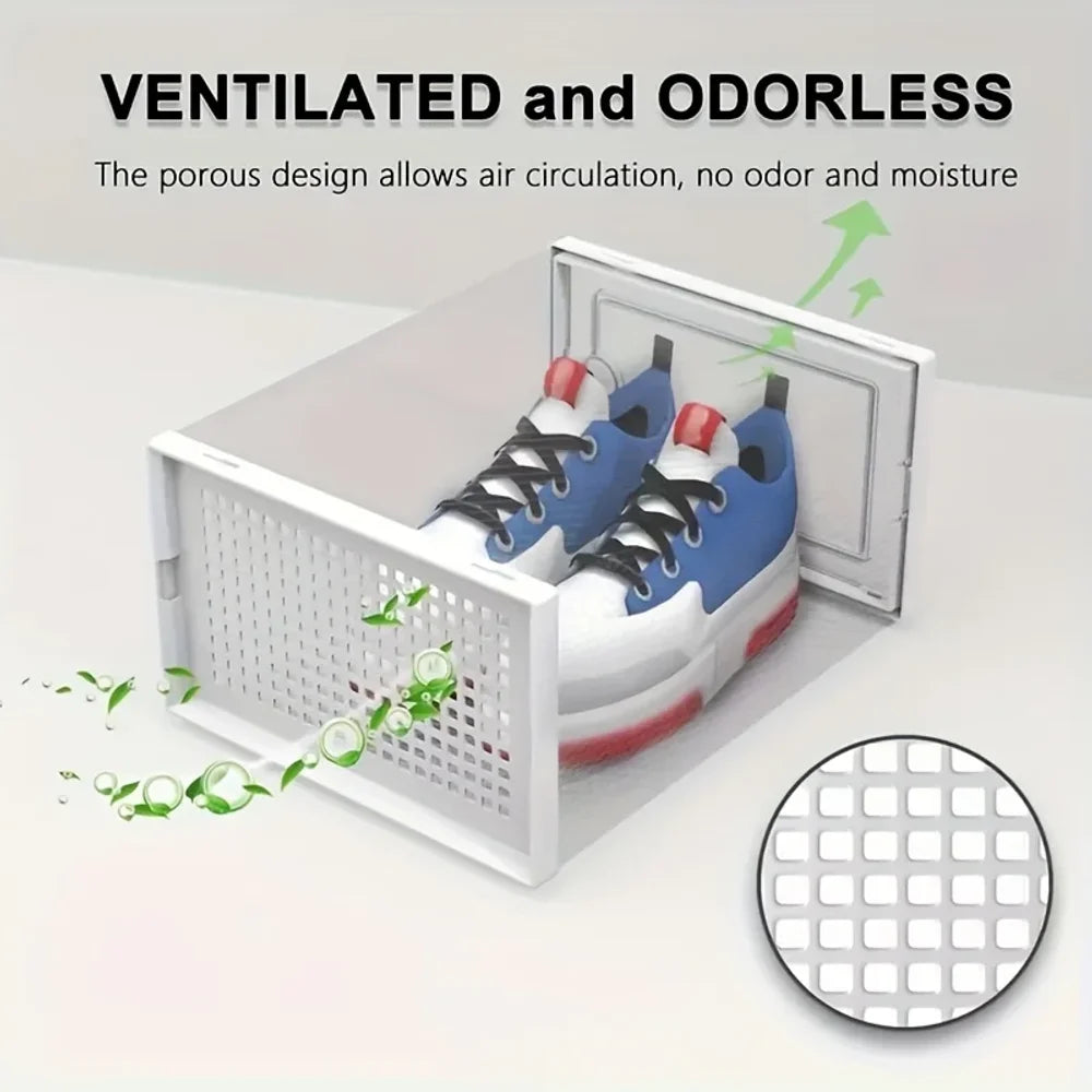 6 Pc Large Capacity Modular Space-Saving Shoe Box, Transparent Plastic Stackable with Lid, Sneaker Display Box, B