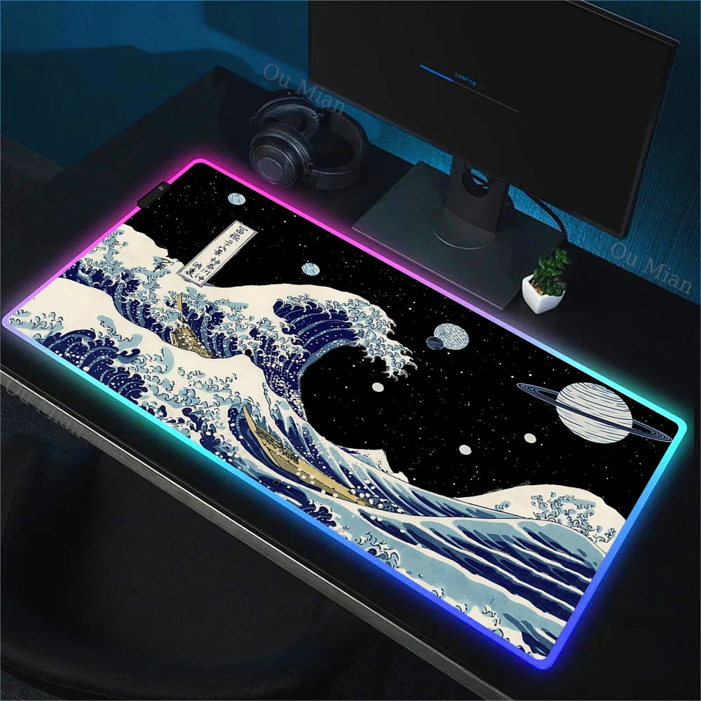 900x400mm RGB Mouse Pad The Great Wave off Kanagawa Design Waterproof Backlit Gaming Mousepad Protector with Laptop Accesso Mat