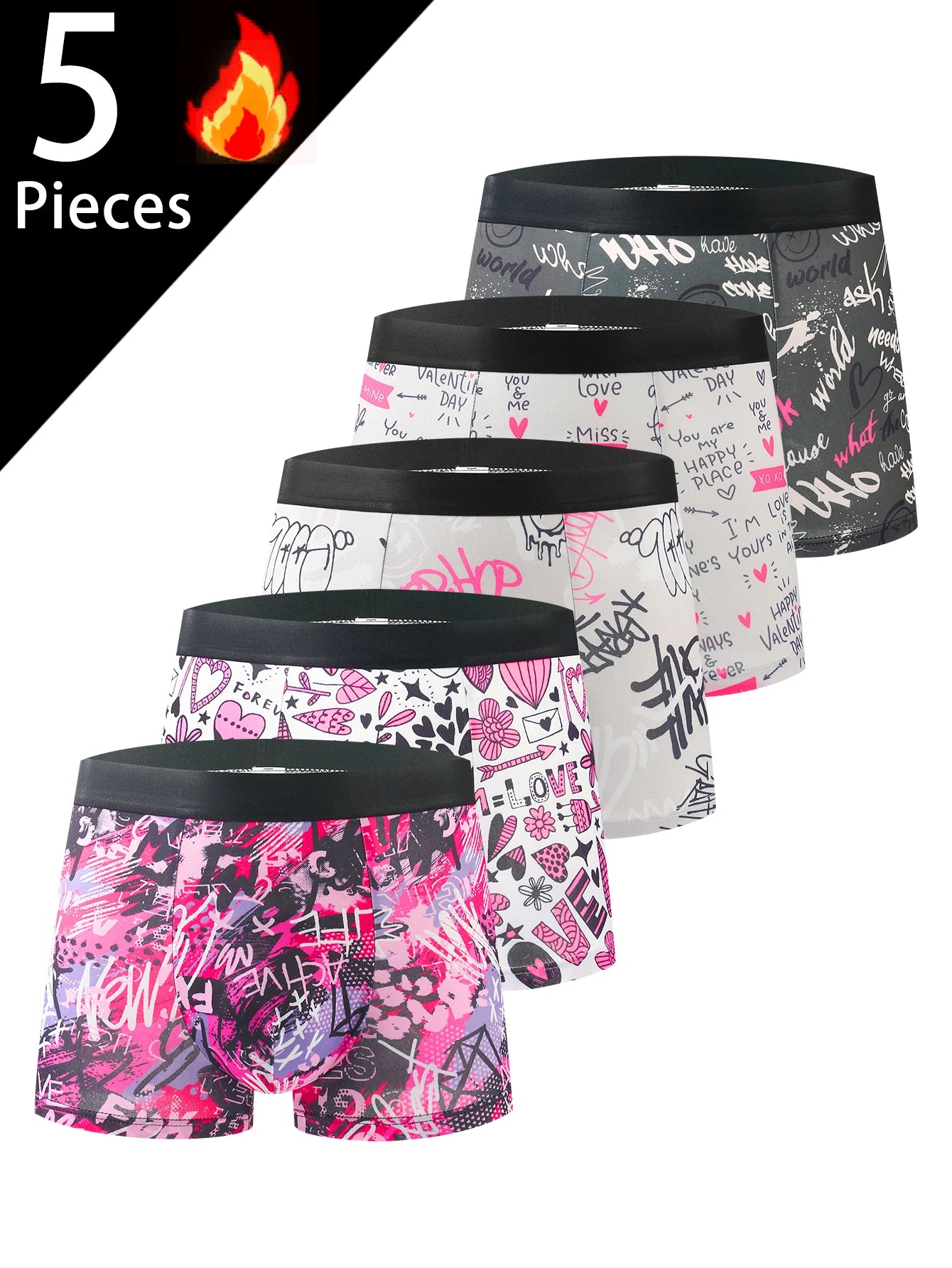 5-pack men's boxer briefs, Valentine's Day love trendy graffiti print men's boxer briefs