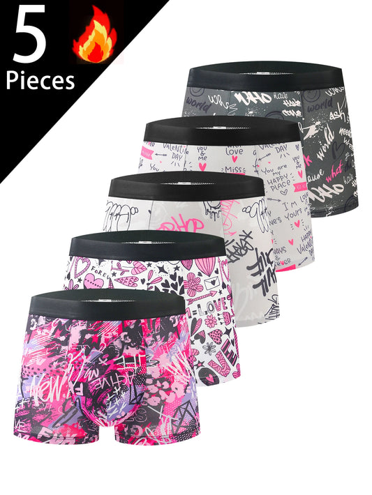 5-pack men's boxer briefs, Valentine's Day love trendy graffiti print men's boxer briefs