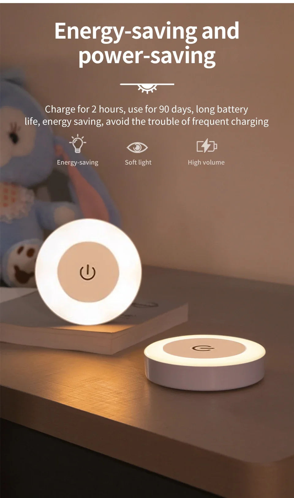 Wireless Led Book Light 6cm Rechargeable Wall Lamp with Touch Switch Night Light 3-Colors Dimmable Portable for Bedroom Reading