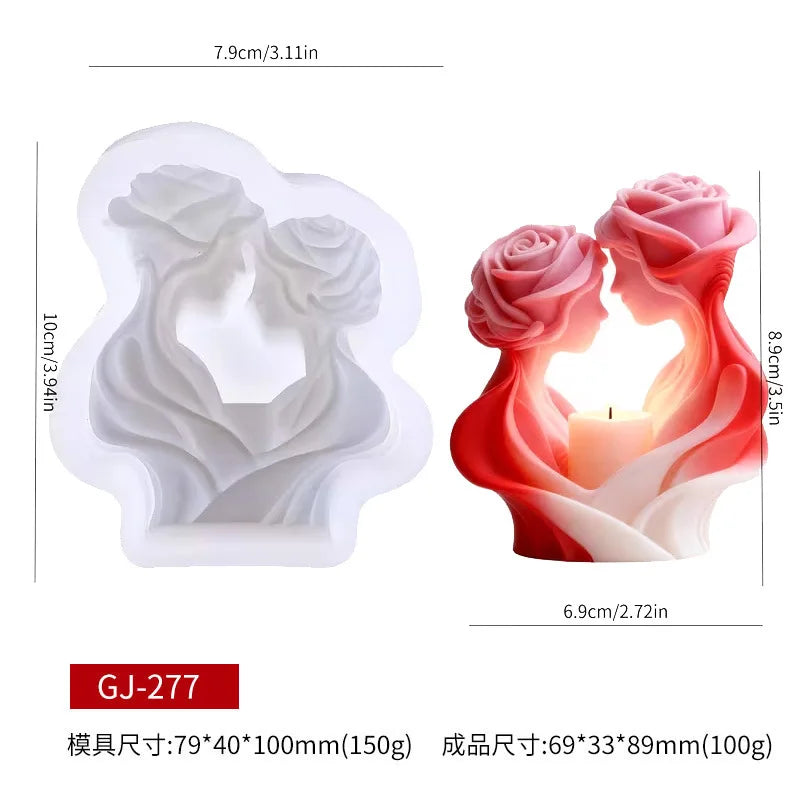 Rose Couple Sculpture Candle Mold, Silicone Mold for Handmade Wax Candles, Wedding Favors & Gift Set Making