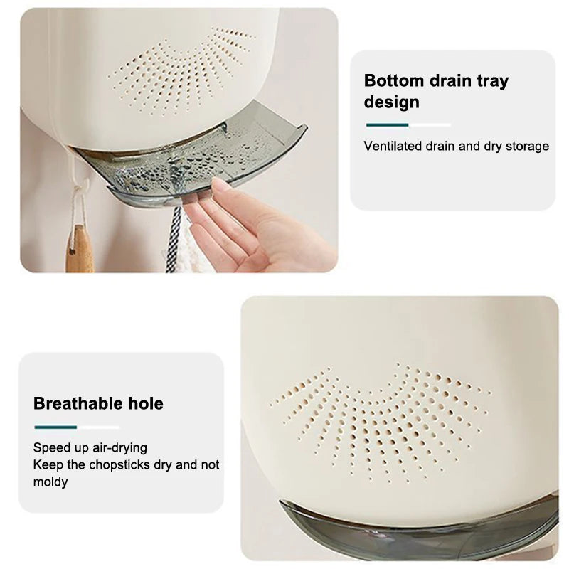 Kitchen Cutlery Storage Box Wall Mount Tableware Storage Holder with Lid Dustproof Spoon and Chopstick Organizer Drain Racks