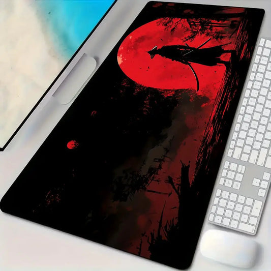 Red full moon samurai design Mouse Pad Desk Mat with Stitched Edges non-Slip rubber base pc accessories Gaming mat maus pad