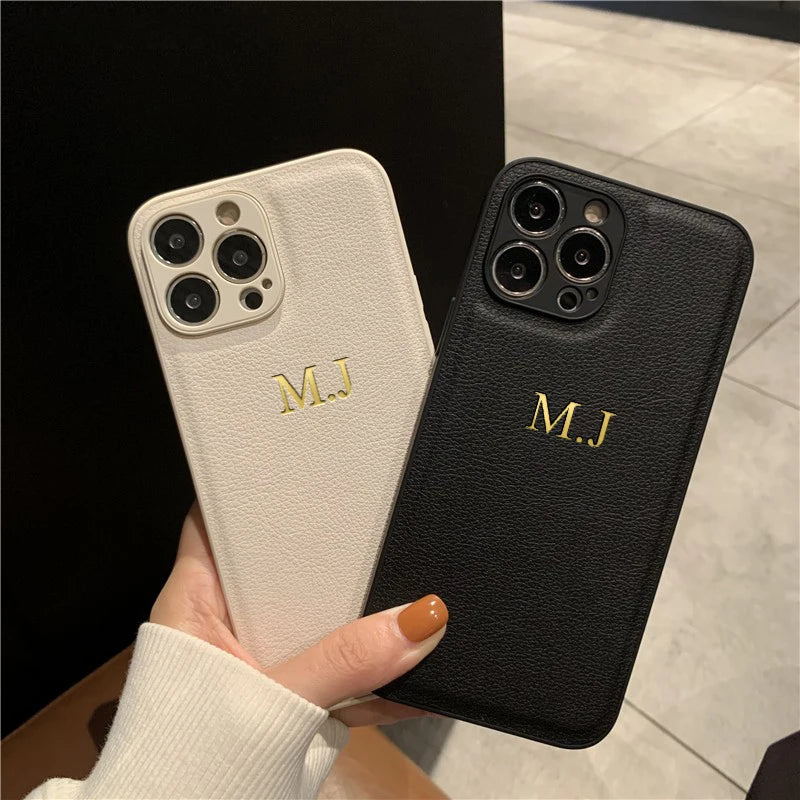 Personalised Customized Name Case For iPhone 17 16 15 14 13 12 11 Pro Max Initials Letters Leather Cover 13 15 16 17 Air Pro Max