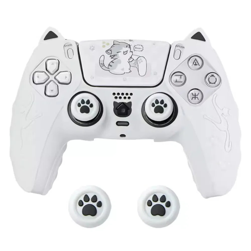 Silicone Controller Case Set with Thumb Grip Caps Cat Paw Controller Skin with Sticker Anti-slip Protective Shell Cover for PS5
